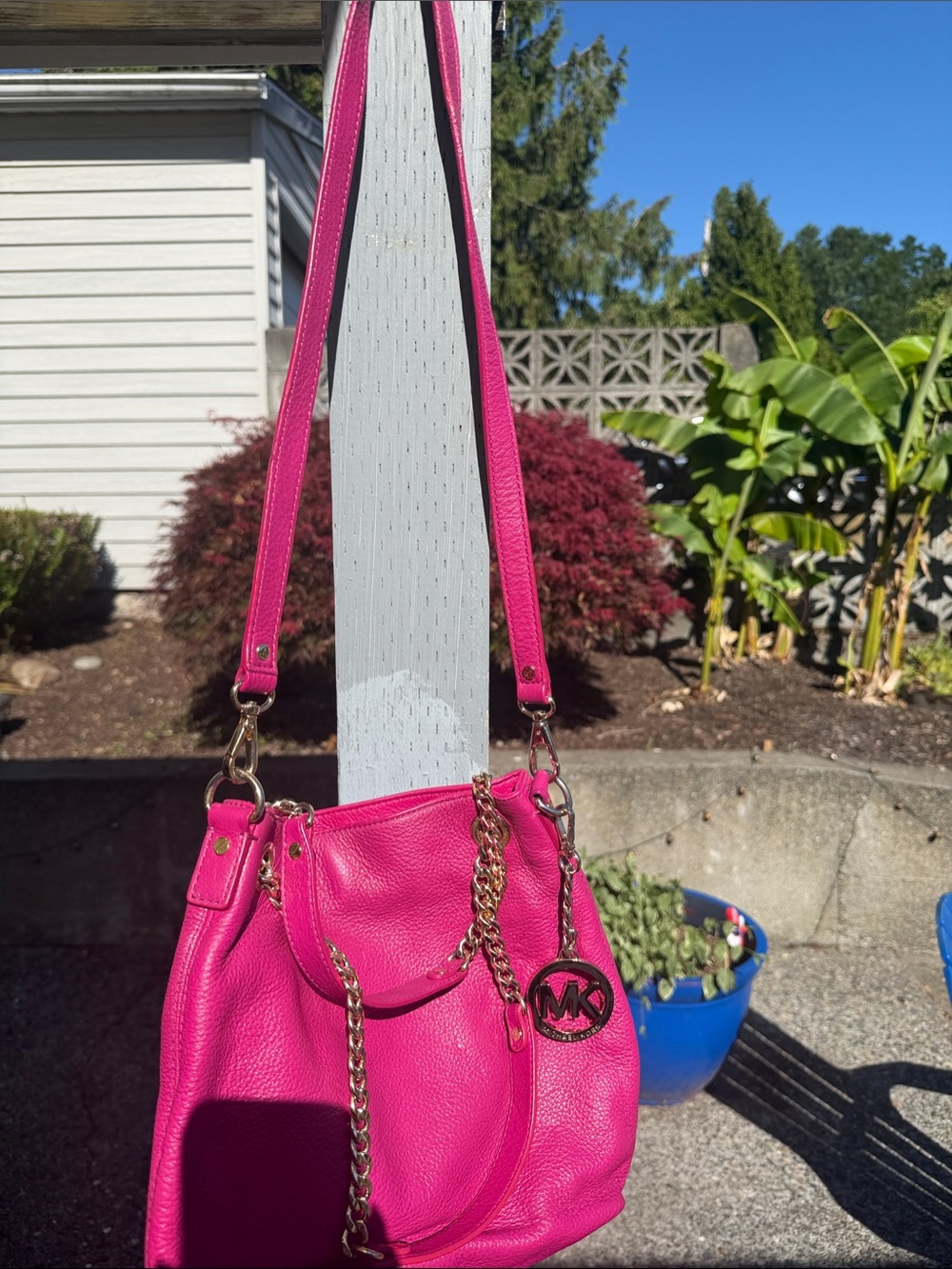Michael Kors Bright Pink/Fuchsia Leather Crossbody with Gold Chain